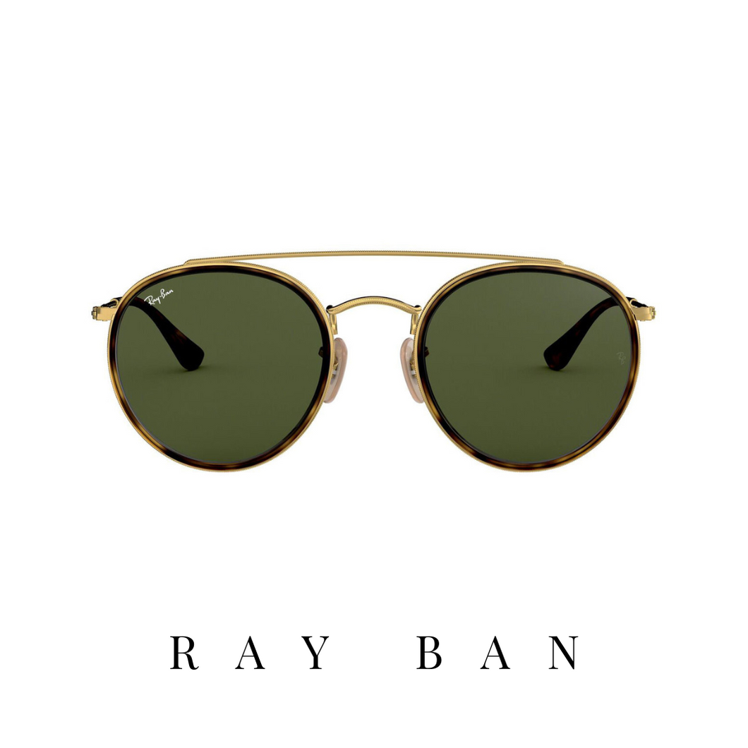 Ray Ban - 'Round Double Bridge' - Unisex - Gold/Havana&Green